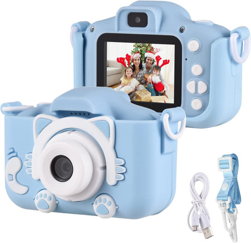Cámara de fotos para niños con forma de gatito azul