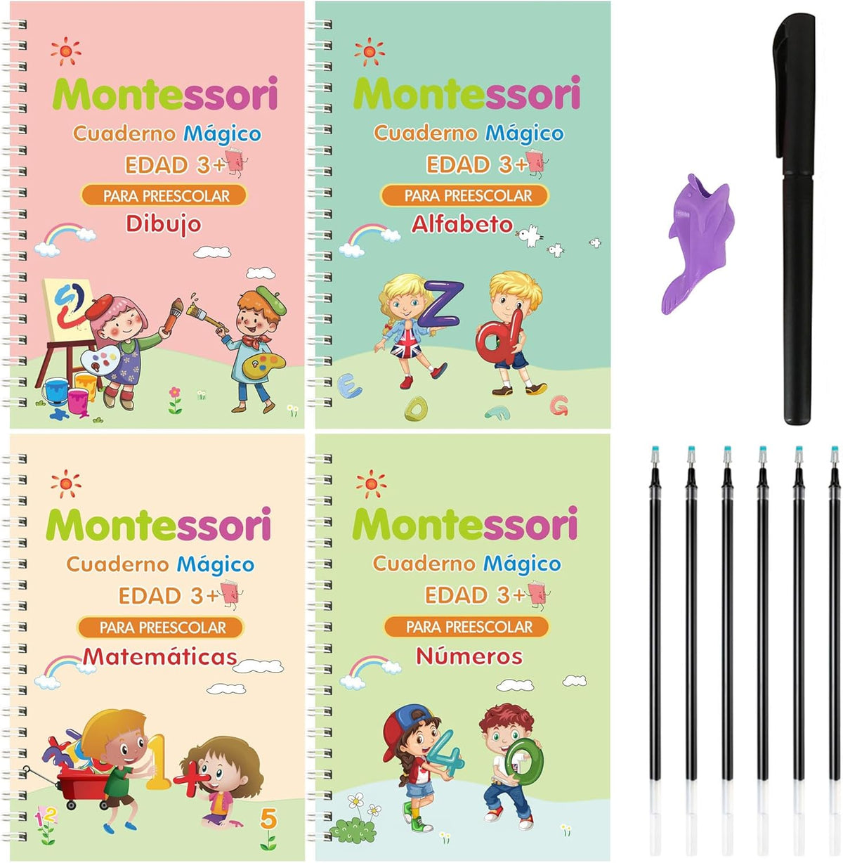 Cuaderno mágico Montessori: 4 cuadernos con bolígrafo y recambios