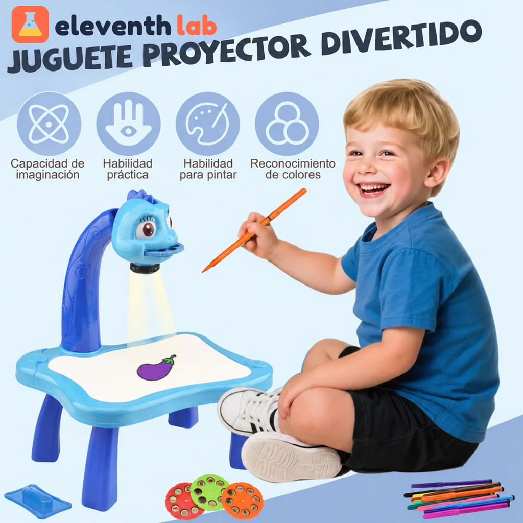 Mesa de dibujo con proyector Dino azul con niño dibujando