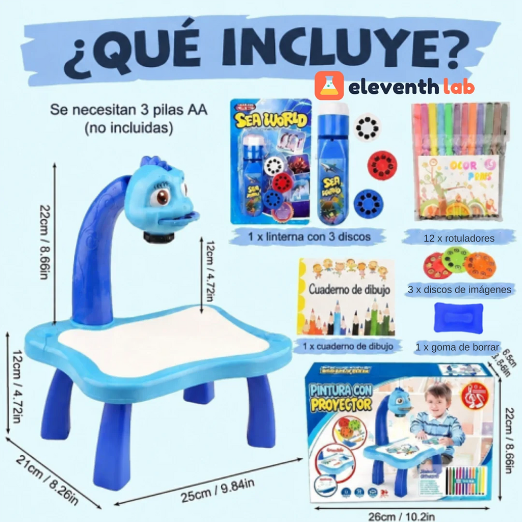 Qué incluye la mesa de dibujo con proyector Dino azul: linterna, discos, rotuladores, cuaderno y goma
