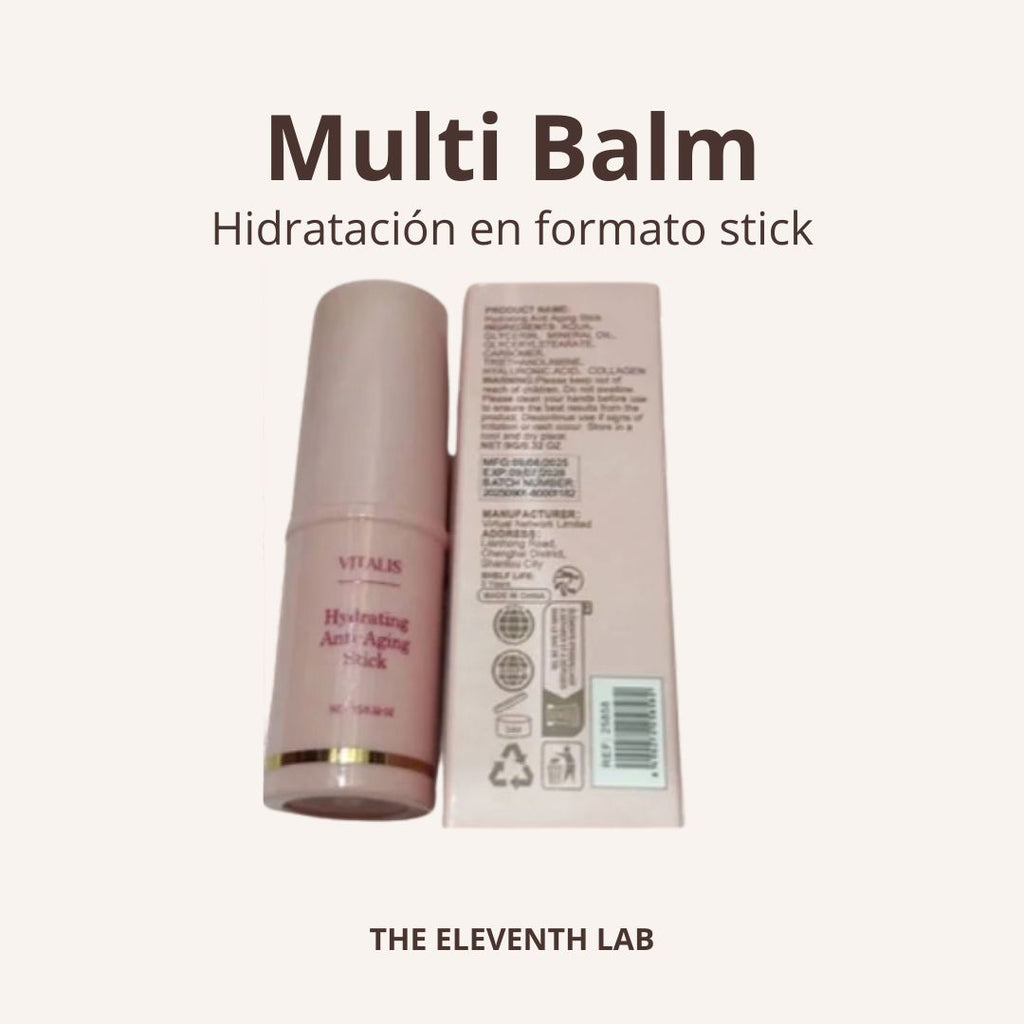 Multi Balm Vitalis: stick hidratante y caja sobre fondo crema