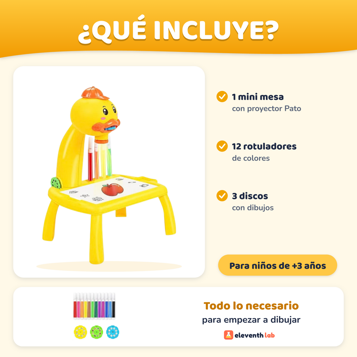 Qué incluye la mini mesa de dibujo con proyector Pato