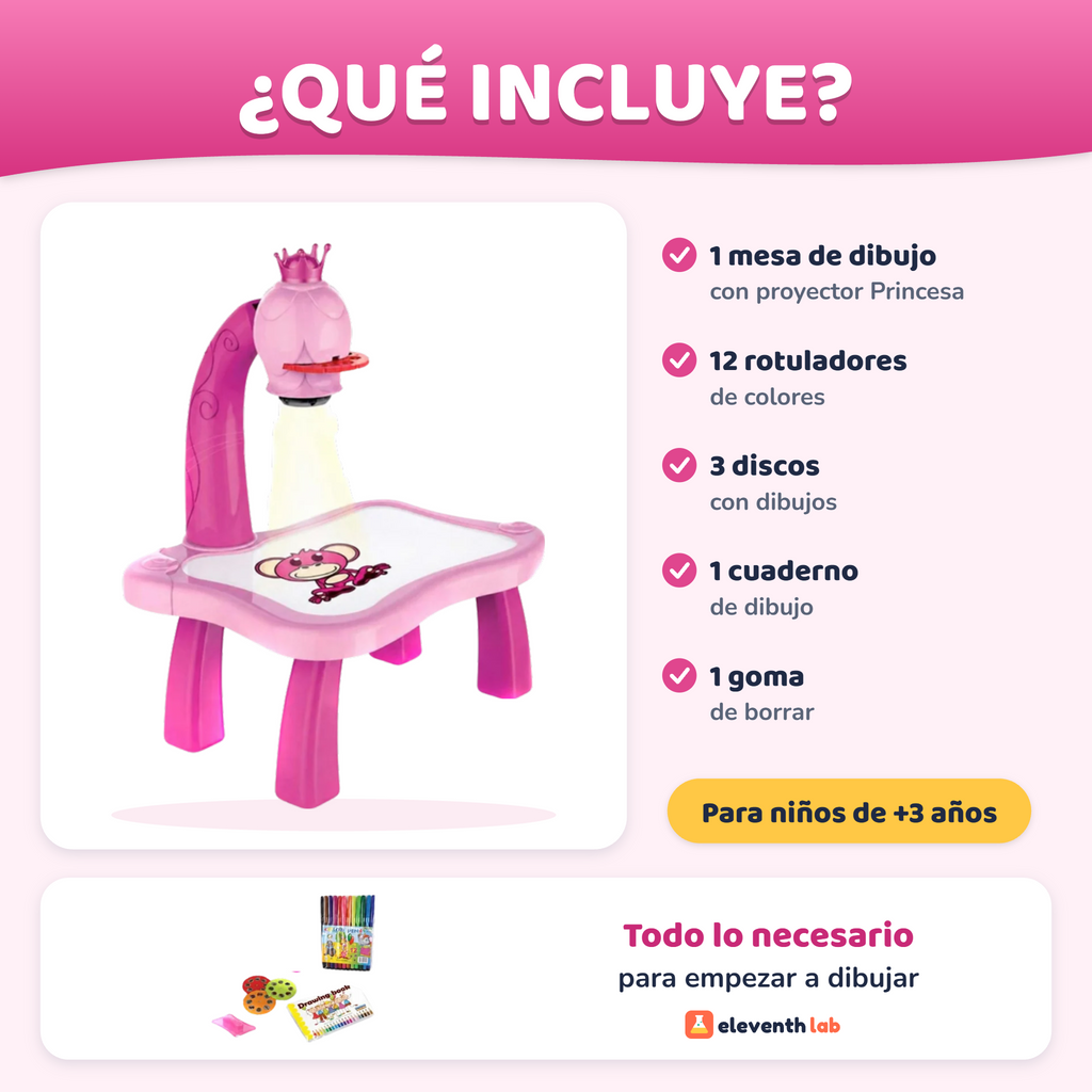 Qué incluye la mesa de dibujo con proyector Princesa rosa