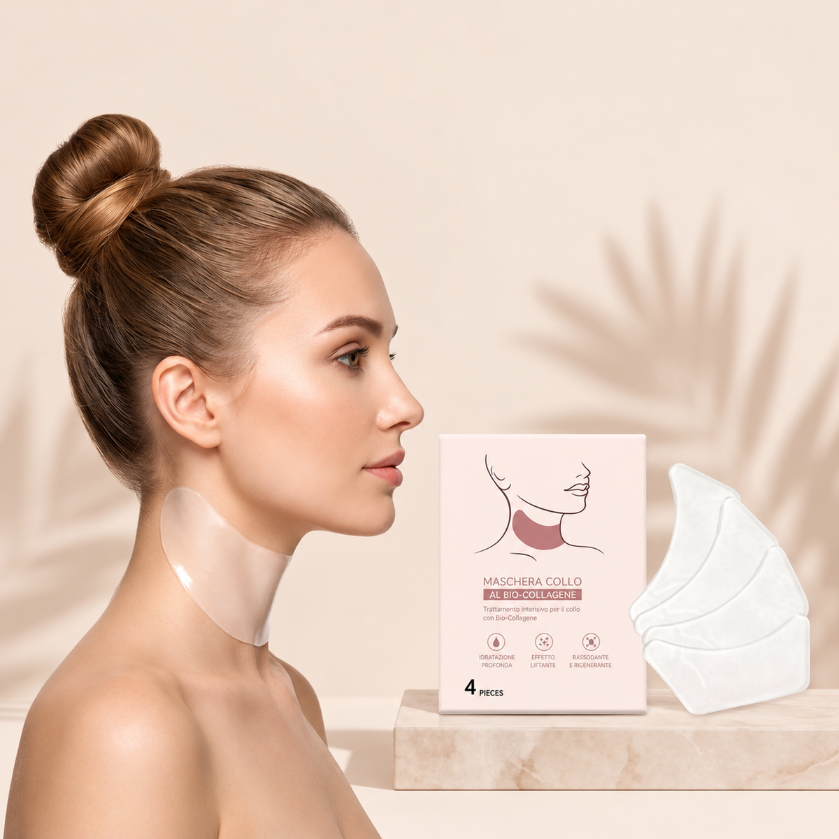 Mujer de perfil con el cuello despejado junto a la caja de mascarillas.