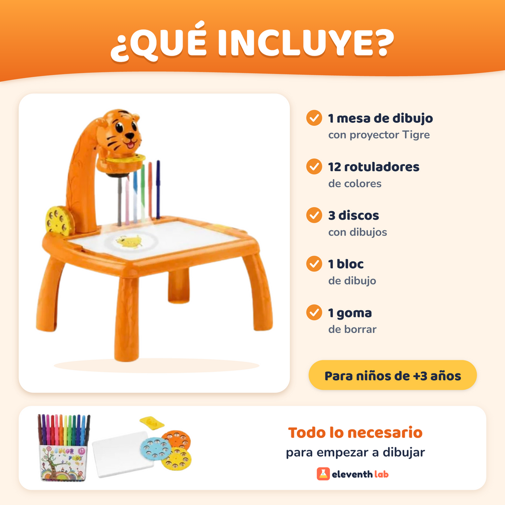 Qué incluye la mesa de dibujo con proyector Tigre: rotuladores, discos, bloc y goma
