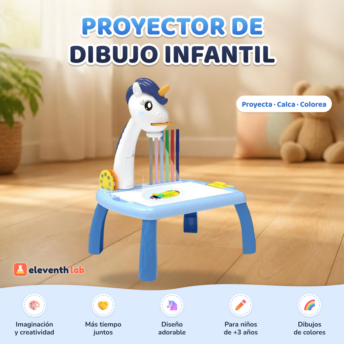 Proyector de dibujo infantil Unicornio azul en habitación infantil