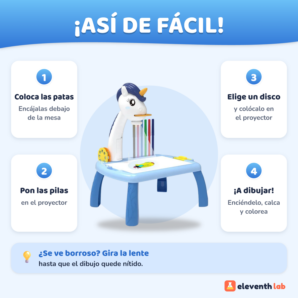 Cómo usar la mesa de dibujo con proyector Unicornio azul en 4 pasos