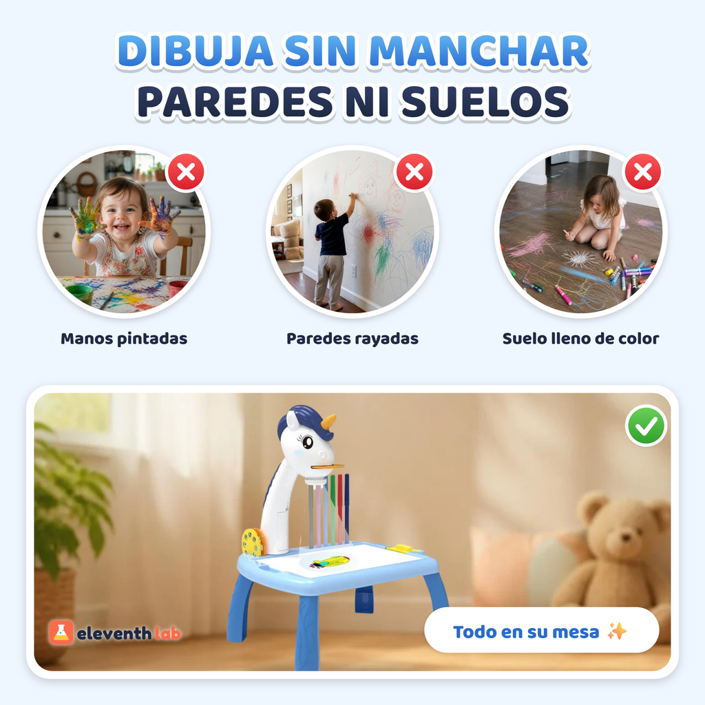 Mesa de dibujo Unicornio azul: dibujar sin manchar paredes ni suelos