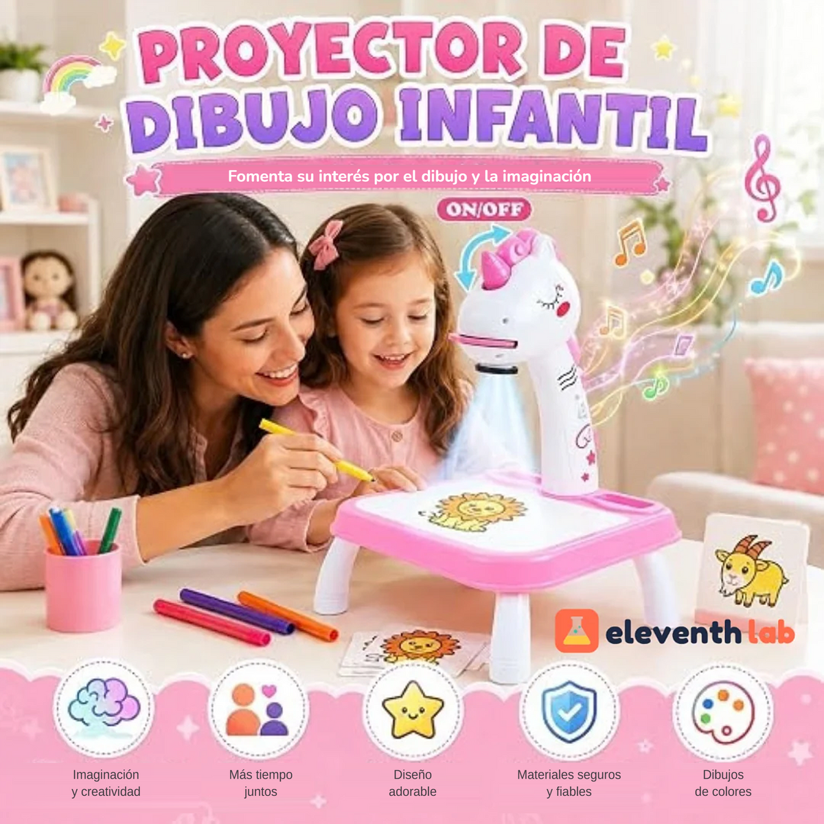 Proyector de dibujo infantil Unicornio rosa con madre e hija dibujando