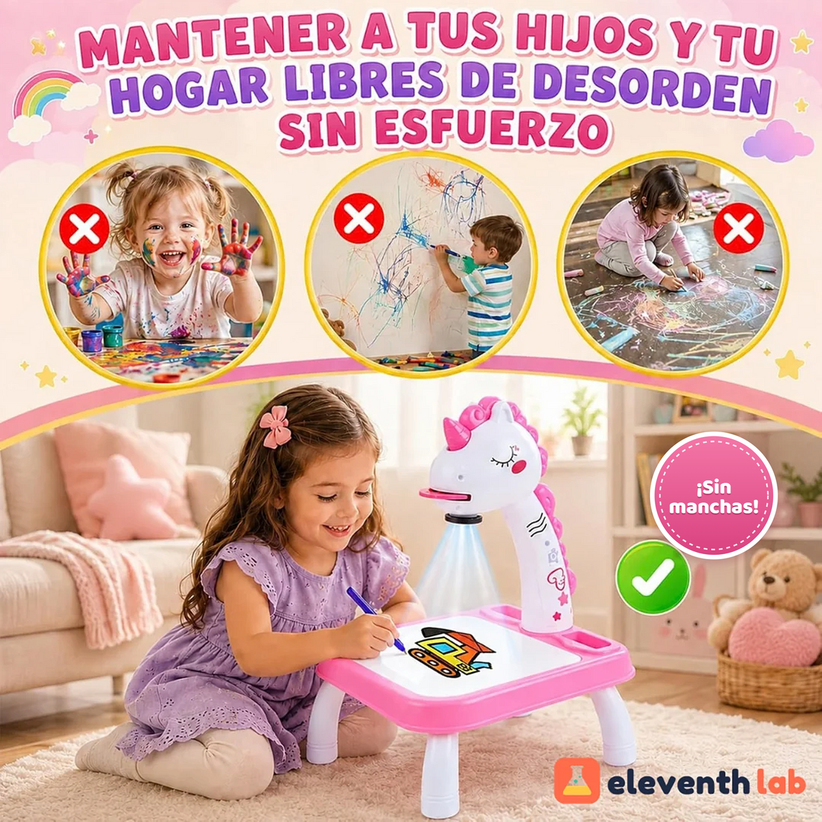 Mesa de dibujo Unicornio rosa: dibujar sin manchar paredes ni suelo