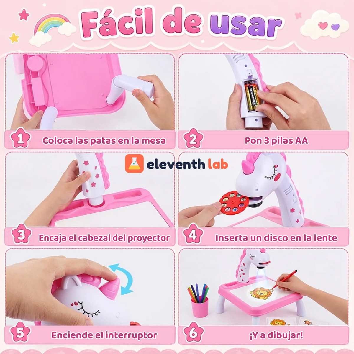 Cómo montar la mesa de dibujo con proyector Unicornio rosa en 6 pasos